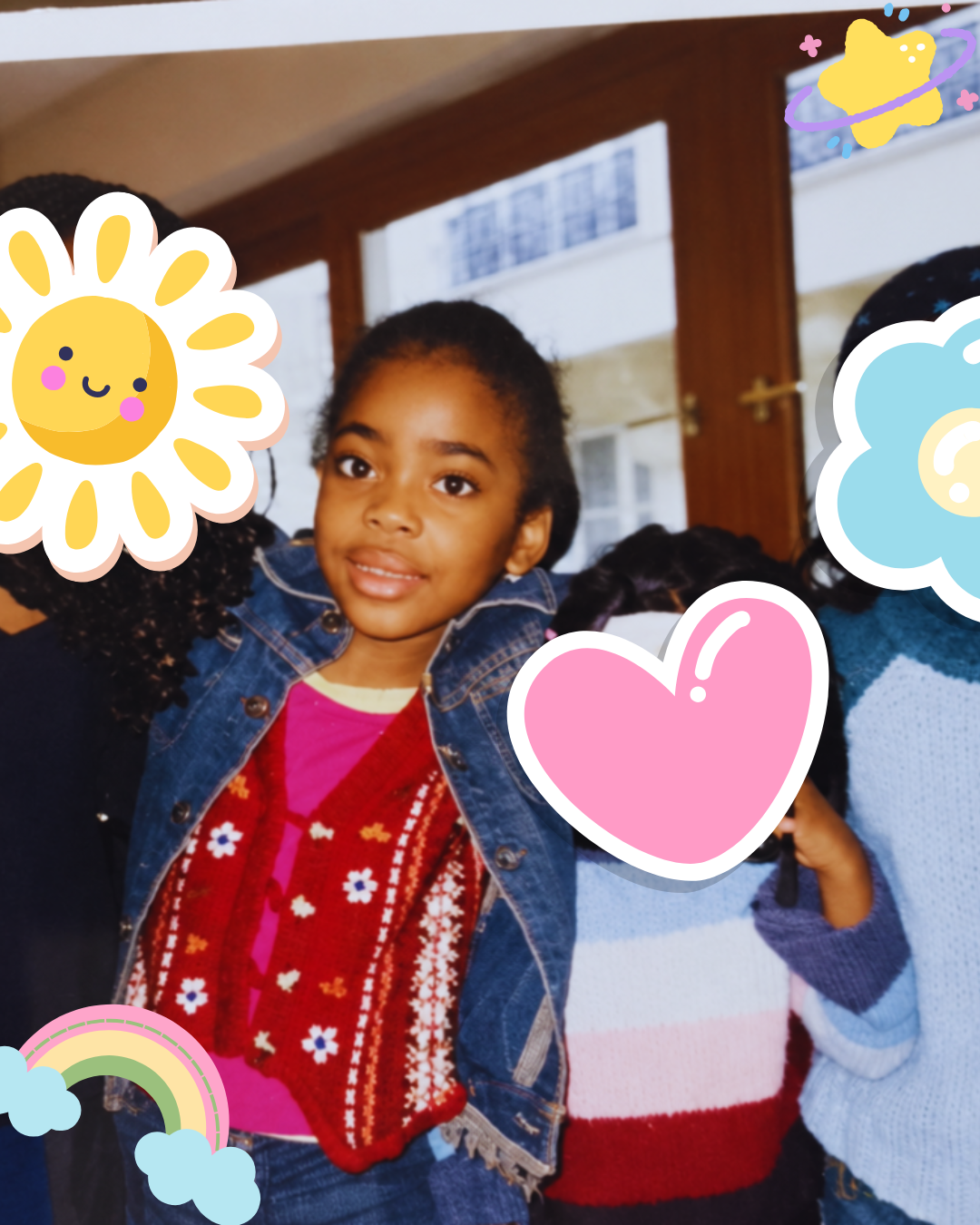 A childhood photo of Pietra at a birthday party, styled with Y2K-era stickers